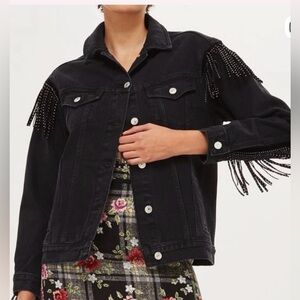 NWOT Topshop NOT faded Black Fringe Studded Denim Jacket